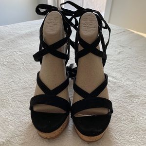 GUESS Black Lace-Up Wedges with Cork